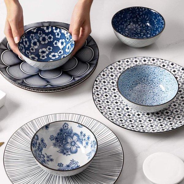 Y YHY Japanese Ceramic Bowls, 16oz Blue Bowl Set of 4