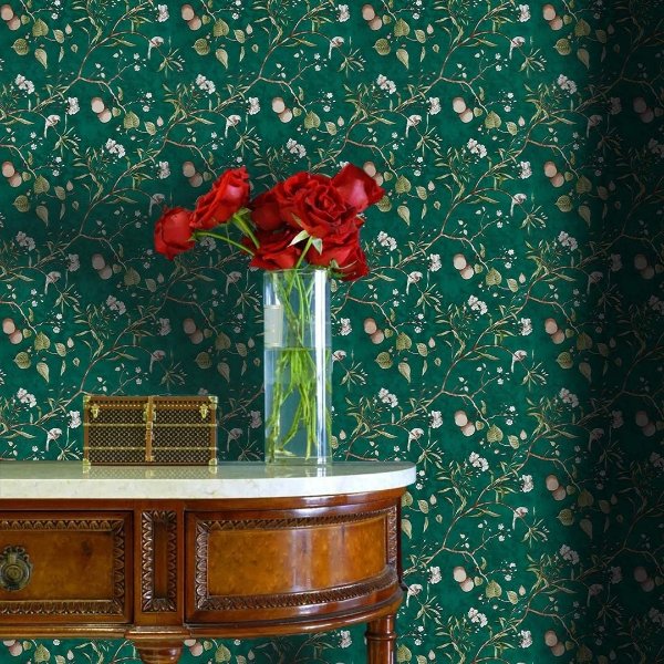 cooldon Retro Green Floral Peel and Stick Wallpaper
