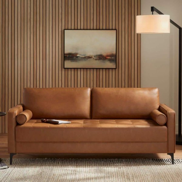 StyleWell Goodwin Mid-Century Modern Vegan Leather Sofa with Throw Pillows