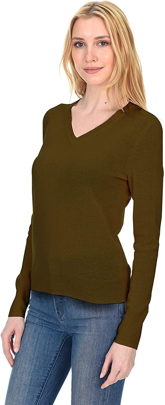 Fusio Classic V-Neck Sweater Cashmere Wool Long Sleeve Fashion Pullover for Women