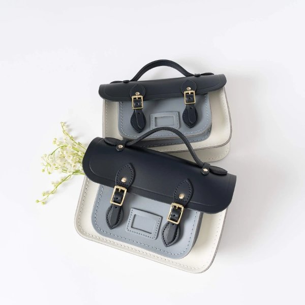 Magnetic Mini Satchel in Leather - Navy, Lily White & French Grey