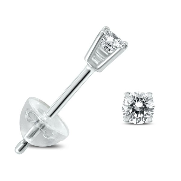 .06CTW Round Diamond Solitaire Stud Earrings In 14k White Gold with Silicon Backs
