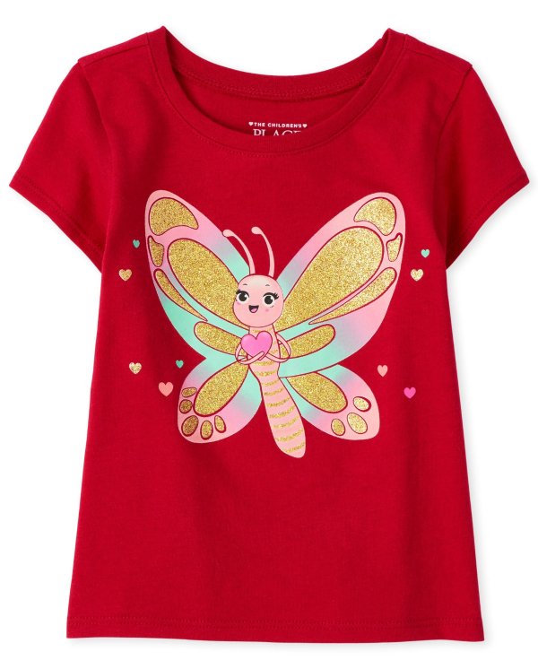 Baby And Toddler Girls Short Sleeve Glitter Butterfly Graphic Tee