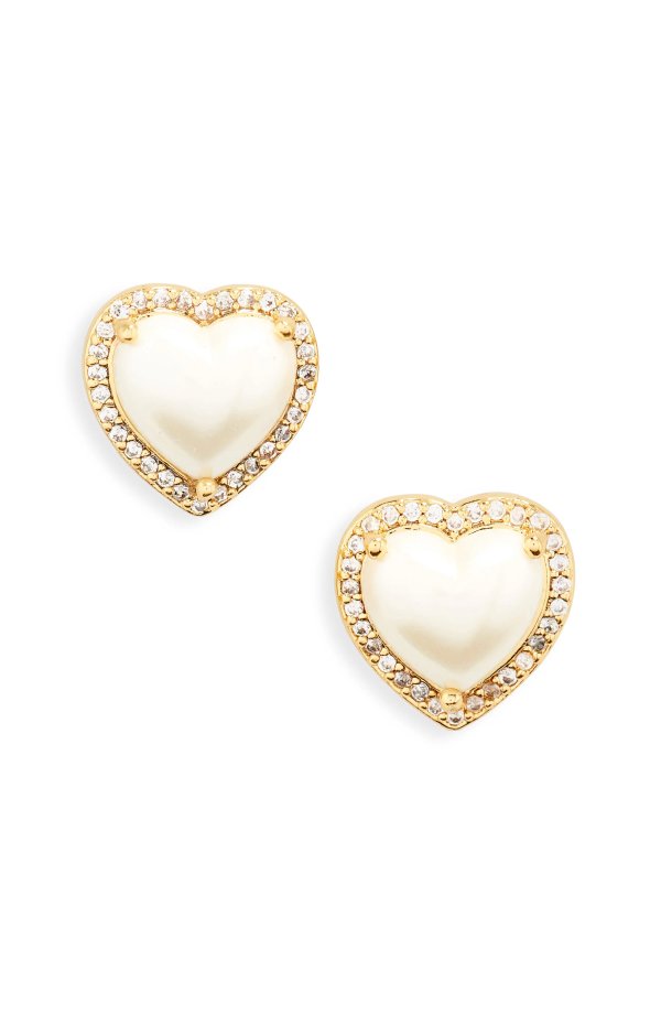imitation pearl CZ halo heart stud earrings