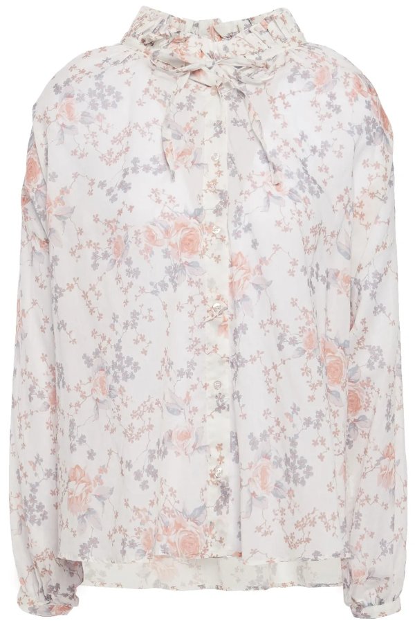 Cerise ruffle-trimmed floral-print cotton-voile blouse