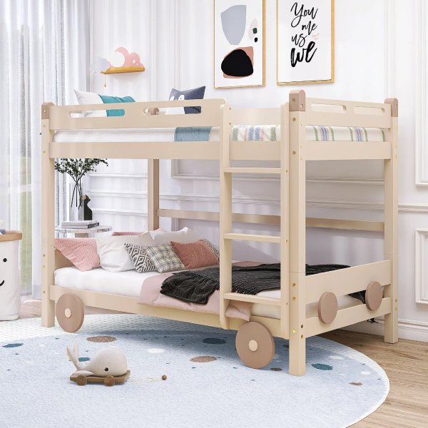 Euroco Twin Size Car-Shaped Bunk Bed, Natural & Brown