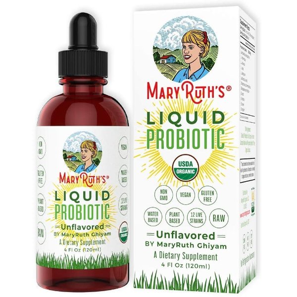 ORGANIC LIQUID PROBIOTICS by MaryRuth's (Plant-Based) USDA Certified Organic Non-GMO Vegan RAW Paleo, Highly Potent Live Strains of Flora assists digestion & absorption of vitamins/minerals 4oz glass