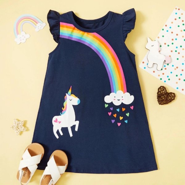 Toddler Girl Rainbow Unicorn Print Dress