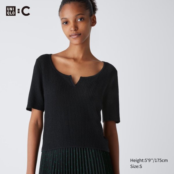 Lace Key Neck Half-Sleeve Short Sweater | UNIQLO US