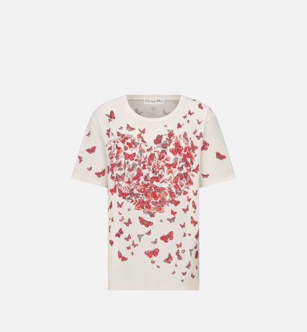 T-Shirt White Cotton Jersey with Red Le Coeur des Papillons Motif