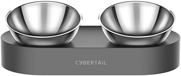 CYBERTAIL Elevated Dog Cat Bowls with 2 Stainless Steel Bowls, 15° Tilted Raised Cat Food and Water Bowls, Stress Free Food Grade Material, Nonslip No Spill Pet Feeding Bowls