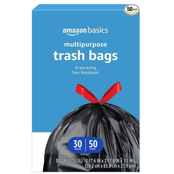 Multipurpose Drawstring Trash Bags, 30 Gallon, 50 Count