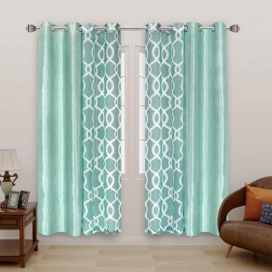 LORDTEX Mix and Match Curtain - 2 Pieces Moroccan Print Sheer Curtains and 2 Pieces Faux Dupioni Silk Curtains