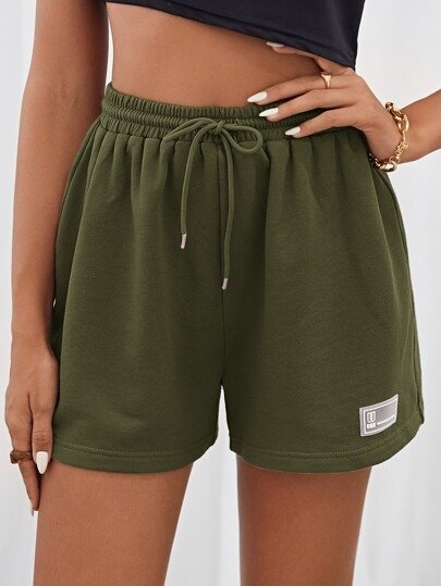 Drawstring Waist Patched Detail Track Shorts