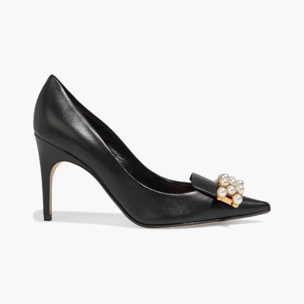 Faux pearl-embellisherd leather pumps