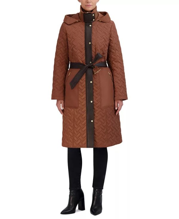 Women's Belted Hooded Quilted Coat, Created for Macy's