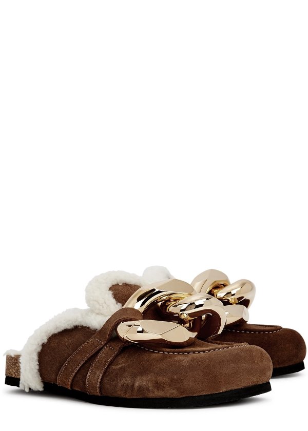 Brown shearling-trimmed suede mules