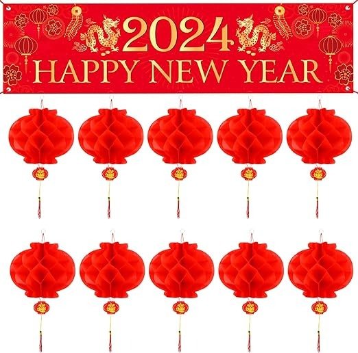 2024 Chinese New Year Decorations Happy Chinese New Year Banner Year of dragonParty Banner with Chinese Red Paper Lanterns for Chinese Spring Festival Decorations Indoor Outdoor New Year Party