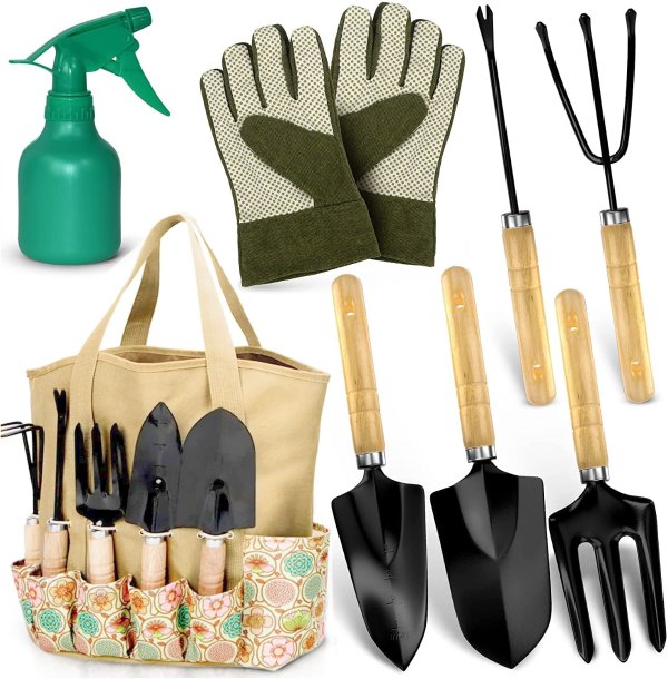 Scuddles Garden Tools Set - 8 Piece Heavy Duty Gardening Kit with Storage Organizer, Ergonomic Hand Digging Weeder Rake Shovel Trowel Sprayer Gloves Gift for Men Or Women