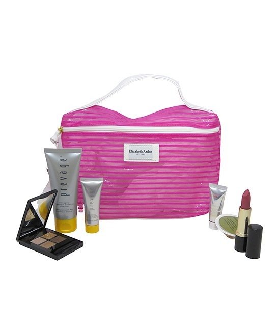 Arden SET 6pc - Cosmetics & Skincare Set w/ Pink Stripe See Through Bag( Neutral)..Eye Shadow Quad Natural Nude, Lip Color Rose
