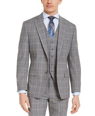 Men's Classic-Fit Airsoft Stretch Gray Plaid Wool Suit Jacket