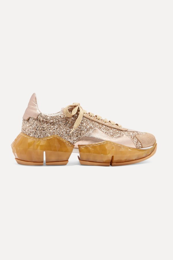 Diamond glittered canvas and metallic textured-leather sneakers