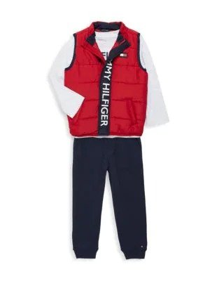 Little Boy's 3-Piece Puffer Vest, Tee & Joggers Set