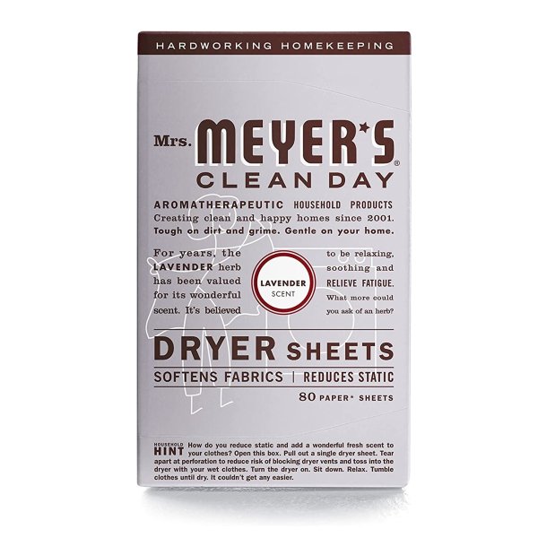 Mrs. Meyer's Dryer Sheets, Fabric Softener, Reduces Static, Infused with Essential Oils, Lavender, 80 Count