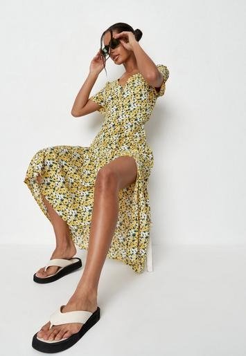 - Yellow Floral Half Button Midi Tea Dress