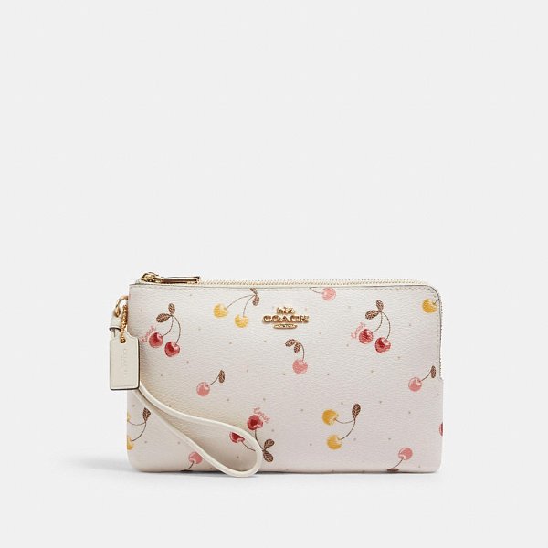Double Zip Wallet With Painted Cherry Print