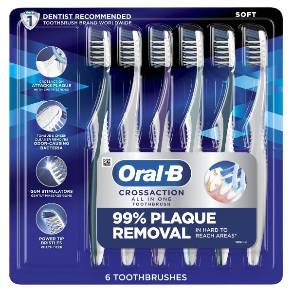 CrossAction All in One Soft Toothbrushes, Deep Plaque Removal, 6 Count