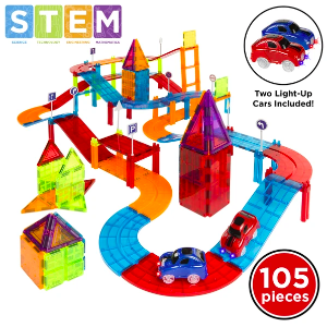 11th Anniversary Exclusive: Best Choice Products 105-Piece Kids Magnetic Tile Car Race Track STEM Building Toy Set w/ 2 Cars