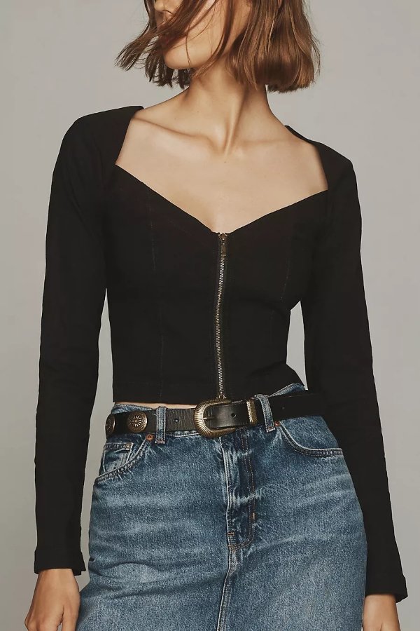 Maeve Zip-Front Long-Sleeve Blouse