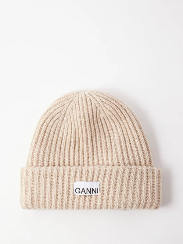 Logo-patch ribbed wool-blend beanie | Ganni