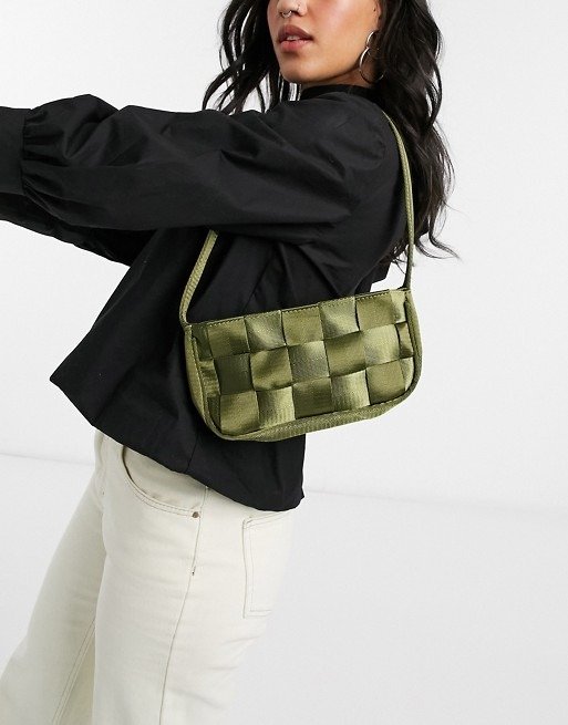 ASOS DESIGN 90s ribbon weave shoulder bag in olive green | ASOS