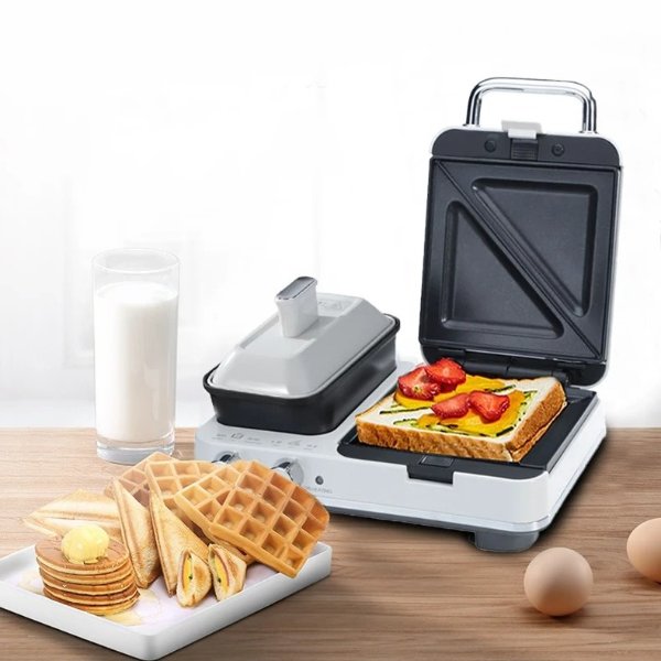 多功能早餐机轻食机三明治机华夫饼机JD-3001W 煎烤蒸温 独立温控 椰奶白