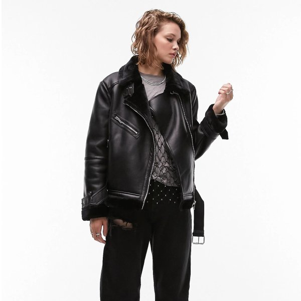 Faux Leather Aviator Jacket with Faux Shearling Trim
