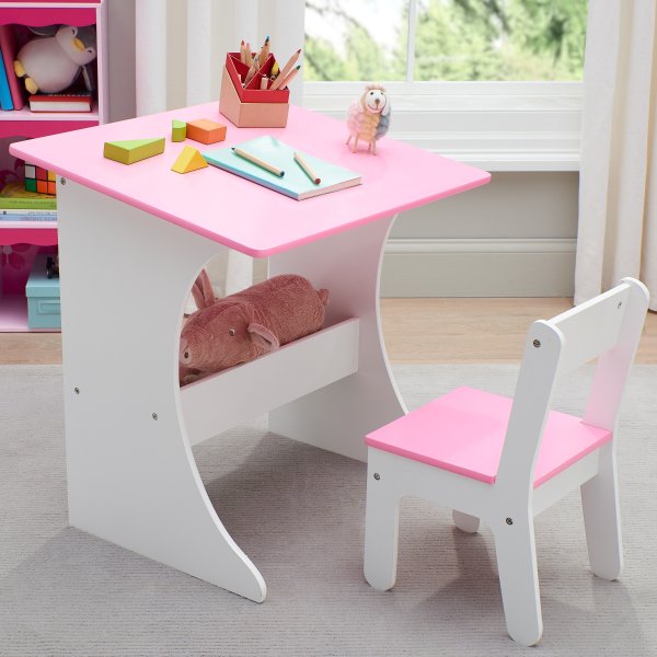 Kids Writing Desk and Chair with Storage Bin, Pink
