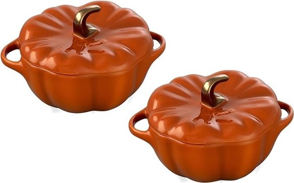 Ceramic 2-pc 16-oz Petite Pumpkin Cocotte Set- Burnt Orange