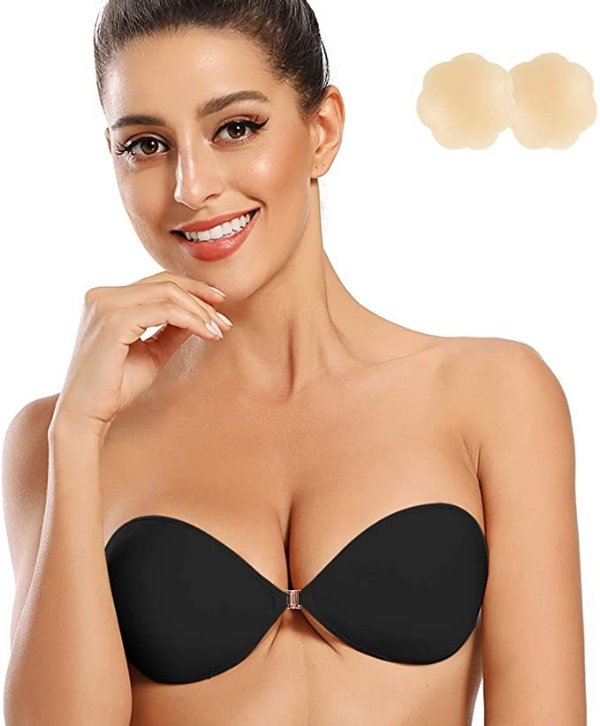 Adhesive Bra Strapless Sticky Invisible Push up Silicone Bra for Backless Dress with Nipple Covers Nude