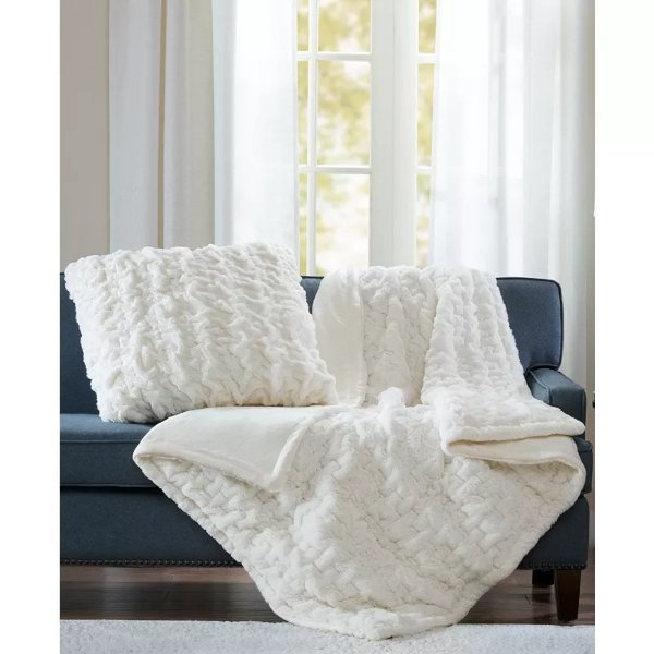 Ruched Reversible Faux-Fur Throw, 50" x 60"