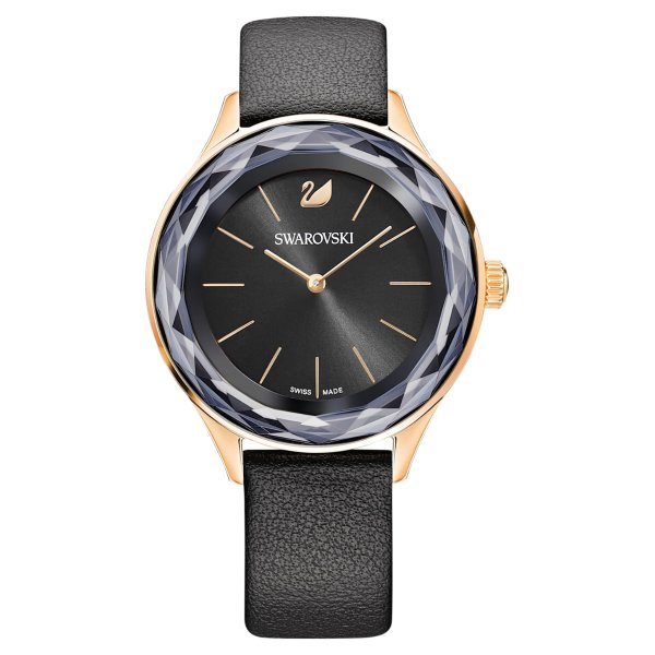 Octea Nova watch, Leather strap, Black, Rose-gold tone PVD by SWAROVSKI