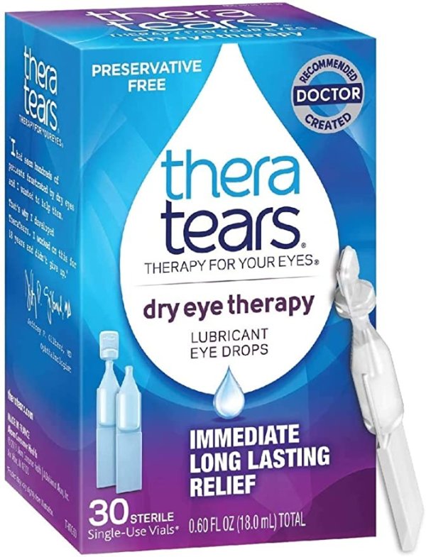 TheraTears Dry Eye Therapy Lubricant Eye Drops for Dry Eyes, Preservative Free, 30 Vials