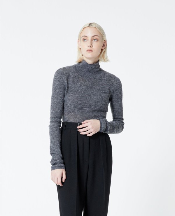 Rib-knit gray sweater with high neck