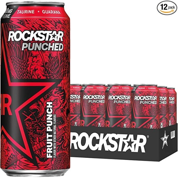 Rockstar Punched Energy Drink, Fruit Punch, 16oz Cans (12 Pack) (Packaging May Vary)
