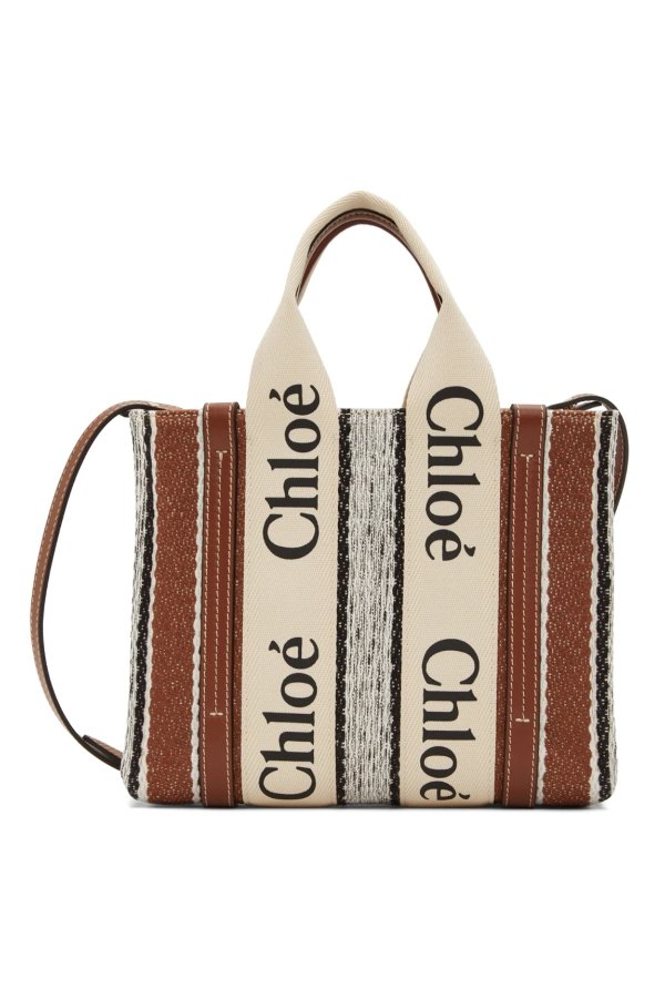 Off-White & Brown Linen Striped Small Woody Tote