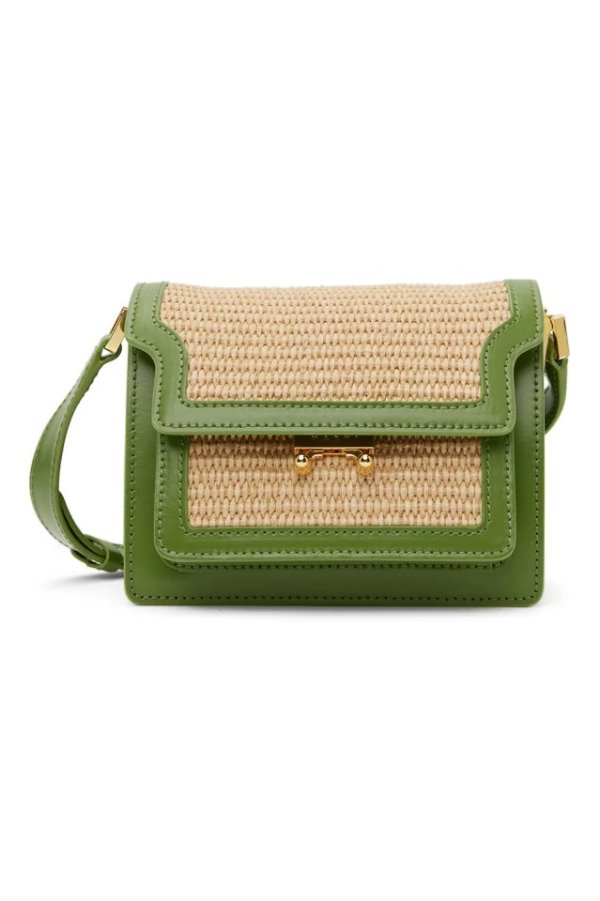 Green & Beige Mini Woven Raffia Trunk Bag