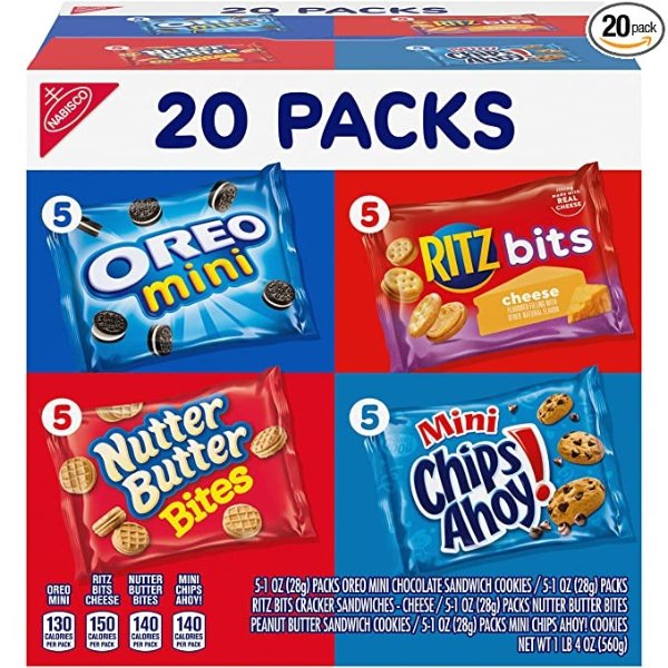 Classic Mix Variety Pack, OREO Mini, CHIPS AHOY! Mini, Nutter Butter Bites, RITZ Bits Cheese, School Lunch Box Snacks, 20 - 1 oz Snack Packs