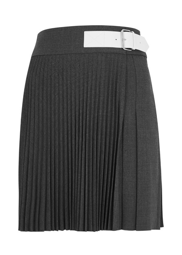 Charcoal pleated wool-blend wrap skirt