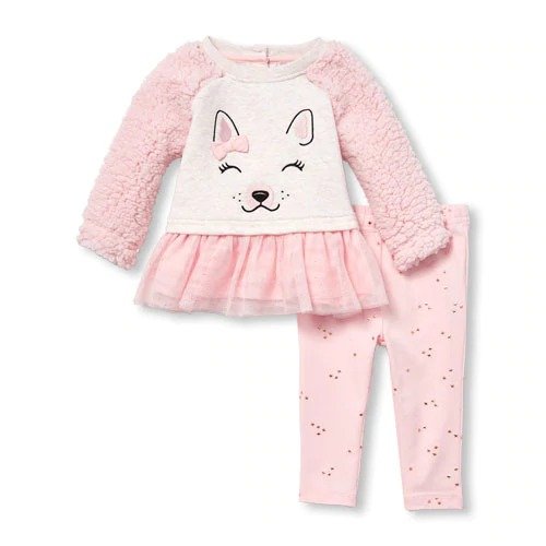Baby Girls Long Sleeve Faux Sherpa Puppy Top And Print Leggings 2-Piece Set